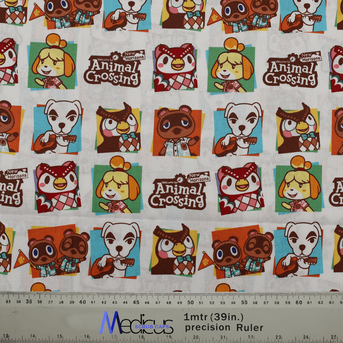 Fabric pattern with Animal Crossing characters by Medicus Scrub Caps, featuring a colorful retro-game-inspired design for stylish and fun scrub caps.
