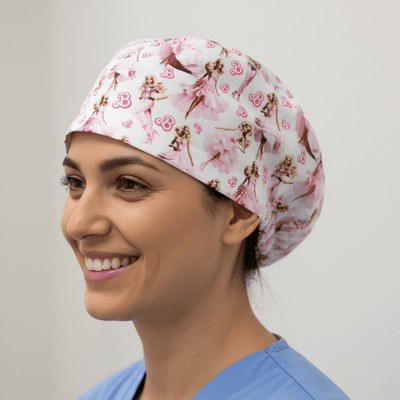 Barbie Ballerina Pink scrub cap shown on model