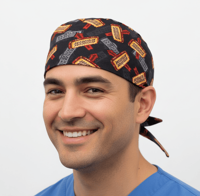 Betelgeuse This Way Signs Halloween Movie scrub cap shown on model