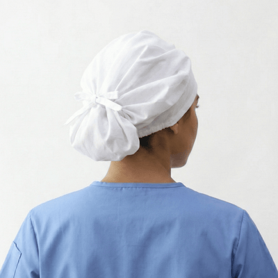 Bouffant scrub cap back view showing adjustable tie closure and comfortable elastic design
