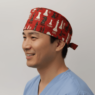 Chess Queens Gambit scrub cap shown on model