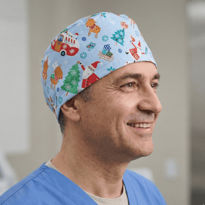 Christmas Reindeer Santa scrub cap shown on model