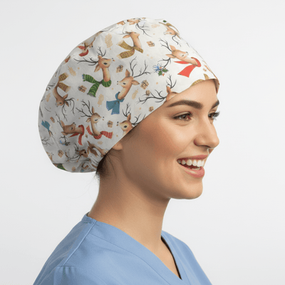 Christmas Reindeer With Colourful Scarf scrub cap shown on model