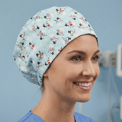 Christmas SnowMen scrub cap shown on model