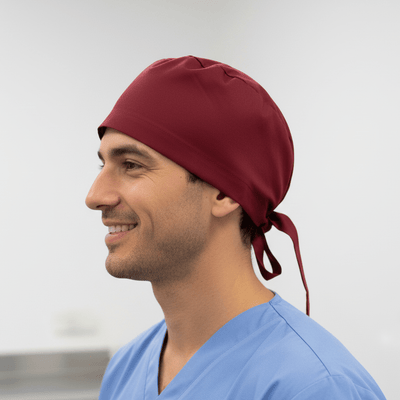 Classic Plain Claret Red scrub cap shown on model