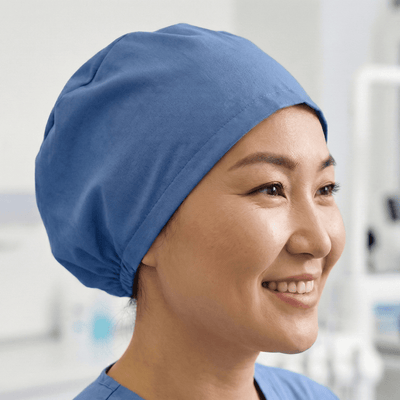 Classic Plain Copen Blue Scrub Cap | Theatre Hat scrub cap shown on model