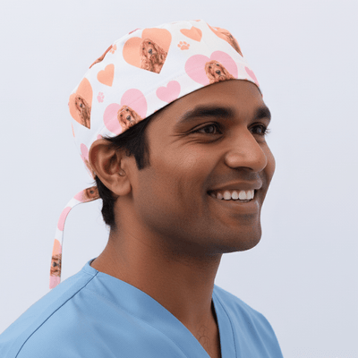 Cocker Spaniel Dogs Hearts White scrub cap shown on model