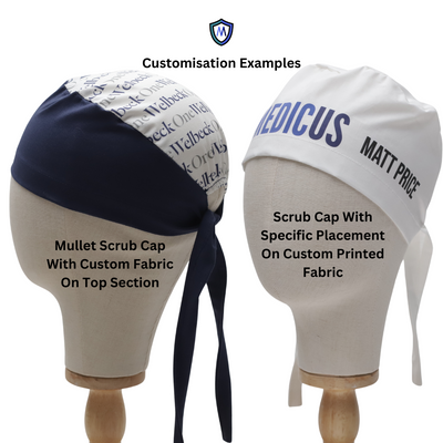 Two mannequin heads display scrub caps. The left cap is navy with custom fabric on the top section. The right cap is white with MEDICUS and a name printed on it. The text above reads Customisation Examples.