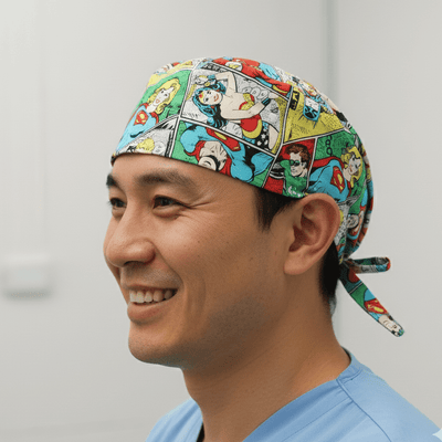 DC Comics Superheroes Colour Comic scrub cap shown on model