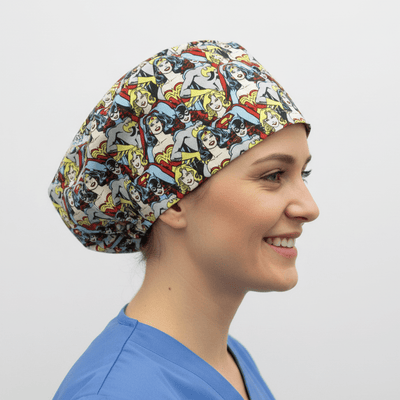 DC Super Women Girl Bat Girl Crowd scrub cap shown on model