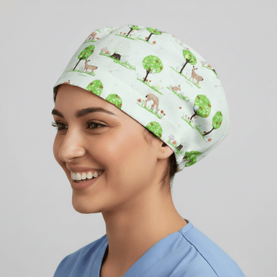 Deers In Park Trees scrub cap shown on model