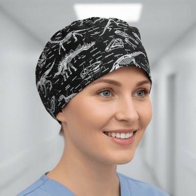 Dinosaur Skeleton Dig scrub cap shown on model