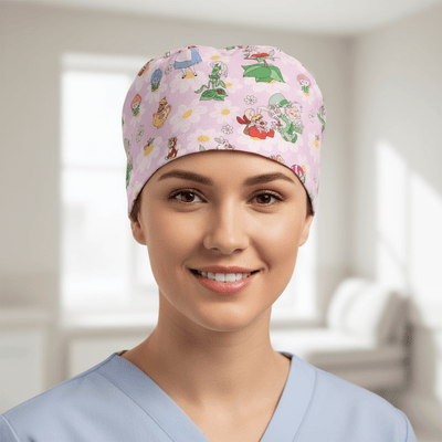Disney Alice in wonderland Rose Garden scrub cap in Duchess elastic-back style