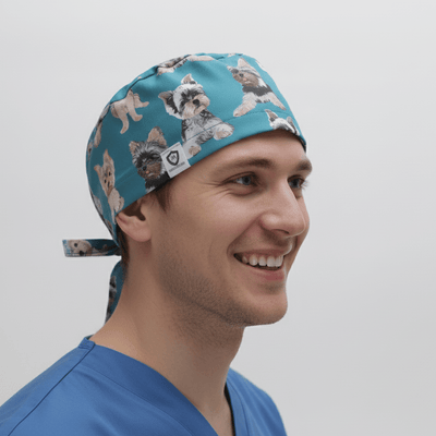 Dog Breeds Yorkshire Terrier (Yorkie) Blue scrub cap shown on model