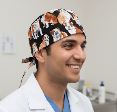 Dogs British Bulldog scrub cap shown on model