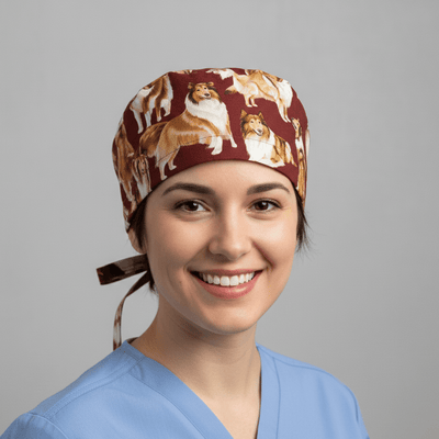 Dogs Rough Collies On Dark Red scrub cap shown on model