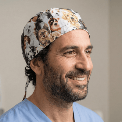 Dogs Starring Group Photo scrub cap shown on model