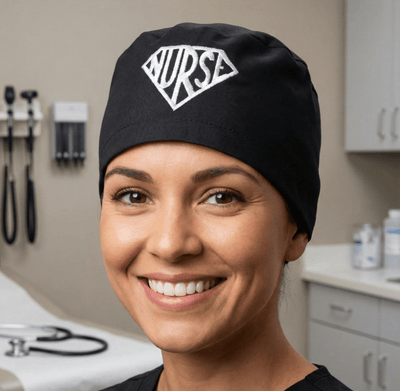 Embroidery - Superman Nurse Logo scrub cap shown on model