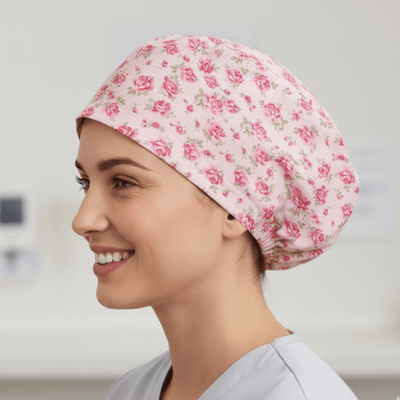 Floral Pink On Baby Pink scrub cap shown on model