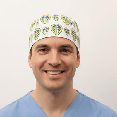 Football Club Leeds United scrub cap shown on model