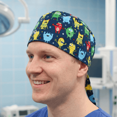 Germs Monsters #2 scrub cap shown on model