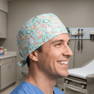 Guinea Pig Doctors First Aid scrub cap shown on model