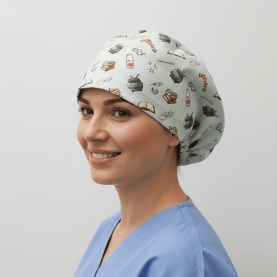 Harry Potter Wands Cauldron scrub cap shown on model