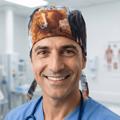 Horses Run Wild scrub cap shown on model