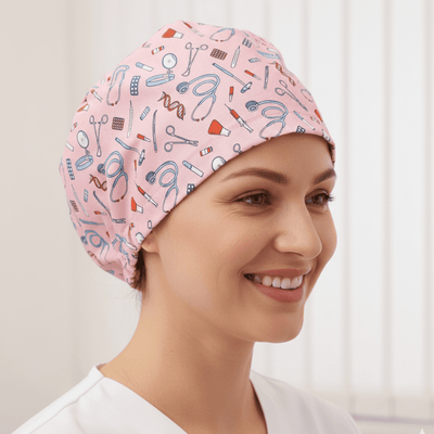 Hospital Tools On Pink scrub cap shown on model