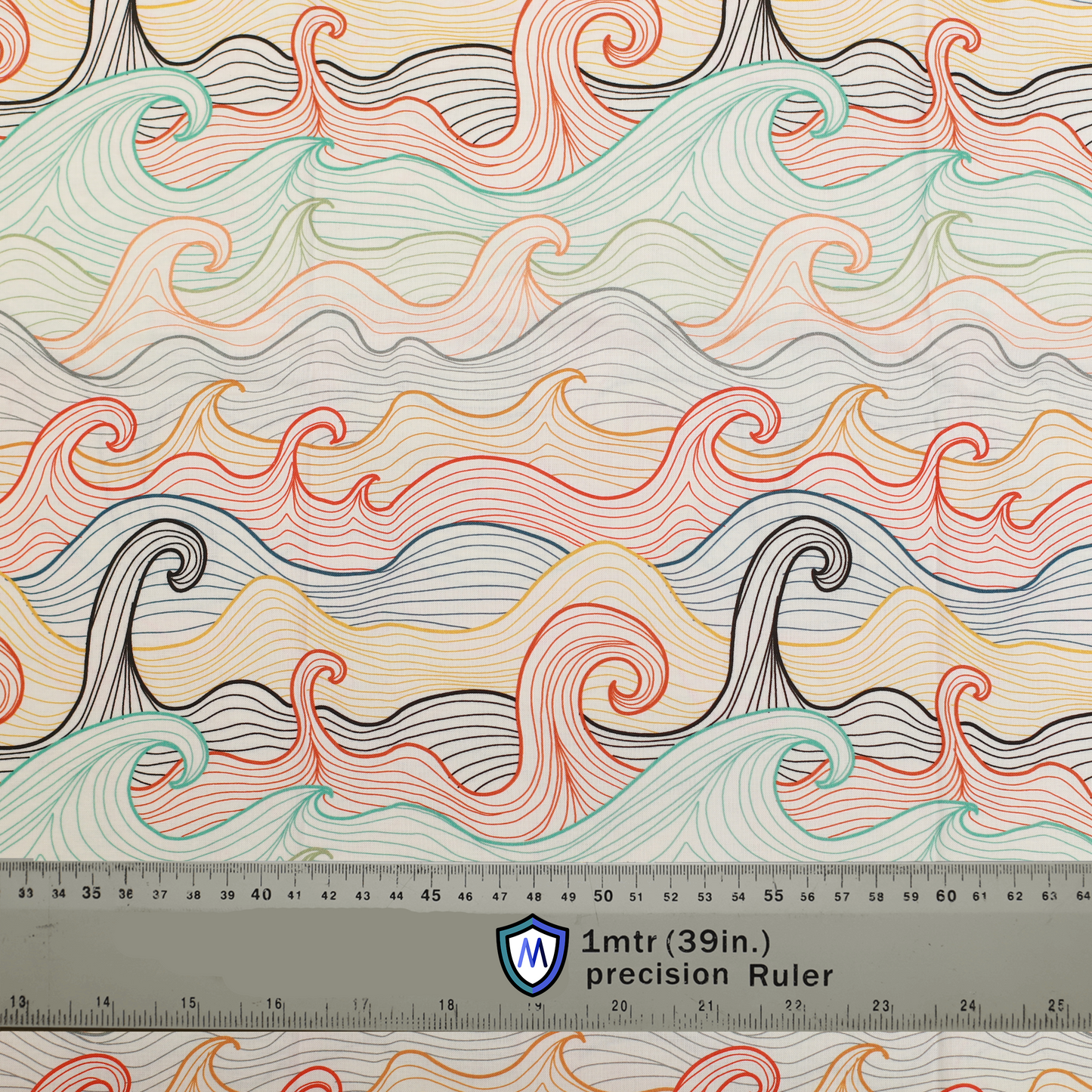 Fabric sample for Medicus Scrub Caps featuring an anime-inspired Japanese wave pattern in pastel tones. A 1-meter ruler provides scale.