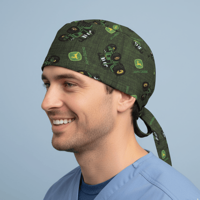 John Deere Tractor Race scrub cap shown on model