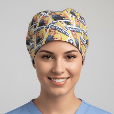 Land Army Women We Can Do It scrub cap shown on model