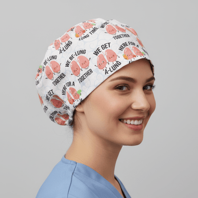 Lung Puns Be-Lung Together scrub cap shown on model
