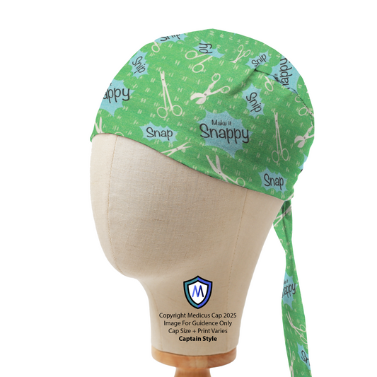 Green Medicus scrub cap with surgical instrument pattern and "Make it Snappy" text. Captain style with ties at the back. #make-it-snappy-scrub-cap