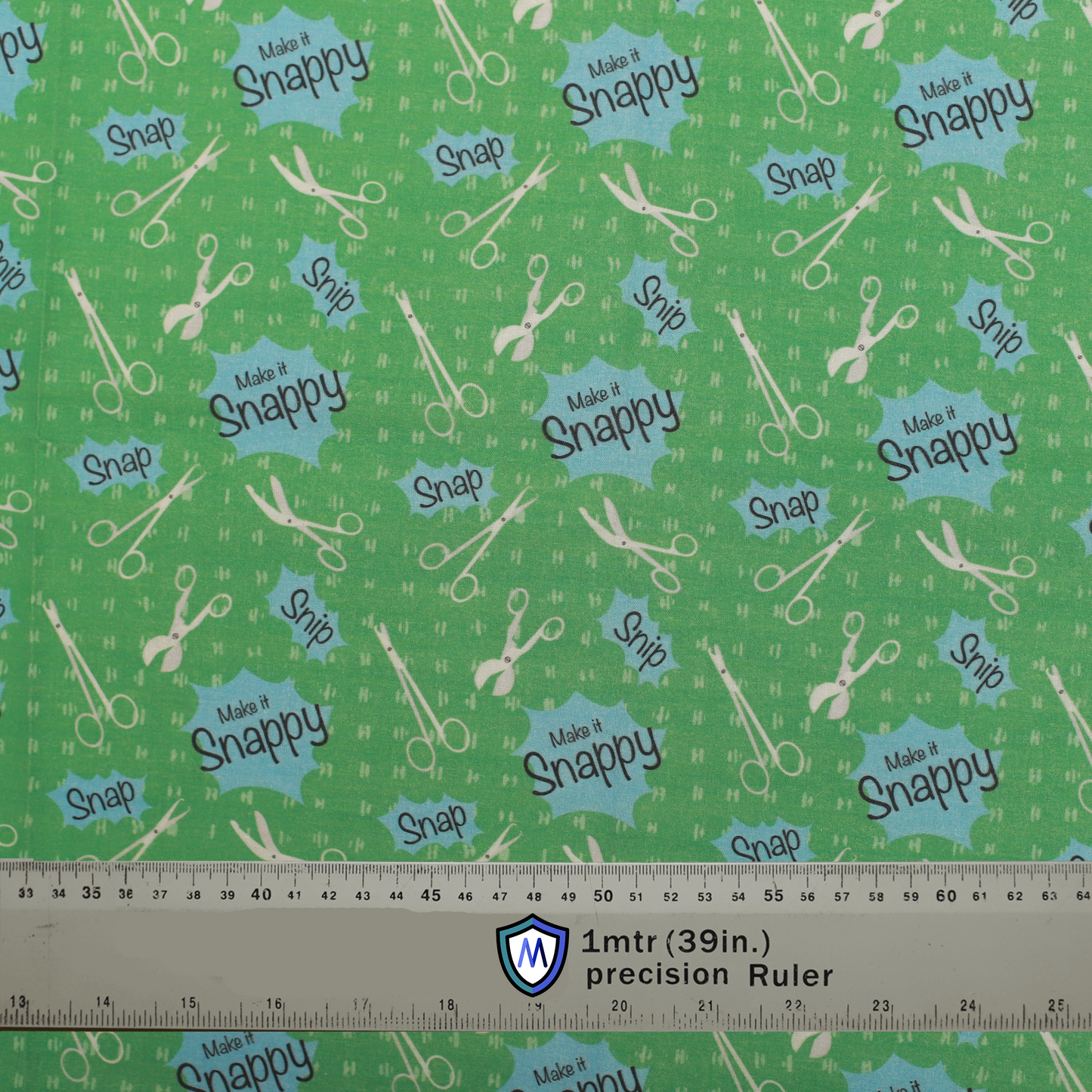Green Medicus Scrub Cap fabric with surgical scissors and "Make it Snappy" pattern. Features playful medical-themed design. @make-it-snappy-scrub-cap