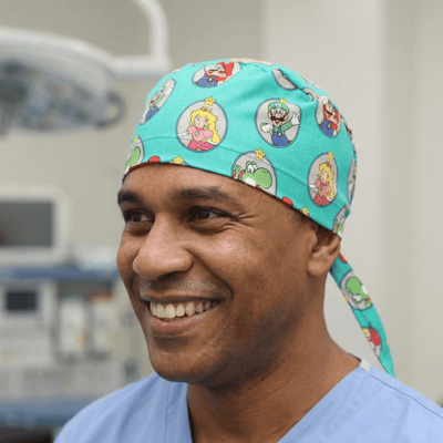 Mario Yoshi Toad Green Video Game scrub cap shown on model