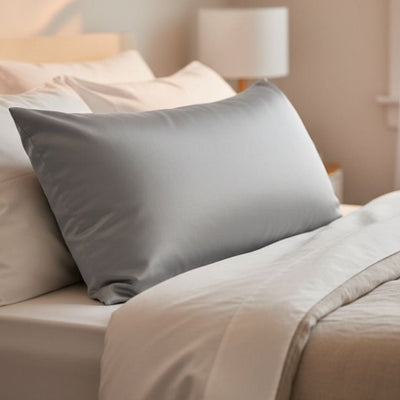 Silver gray satin pillowcase on a bed with white bedding, bedside lamp in background, lifestyle bedroom setting