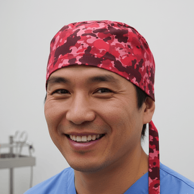Military Camouflage Red scrub cap shown on model