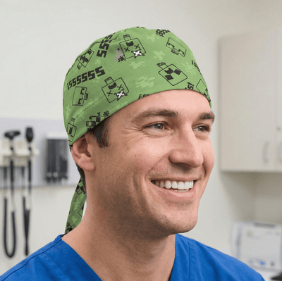 Minecraft Green SSSS Scary Monster scrub cap shown on model