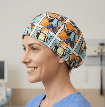 Minecraft Miner On Squares scrub cap shown on model