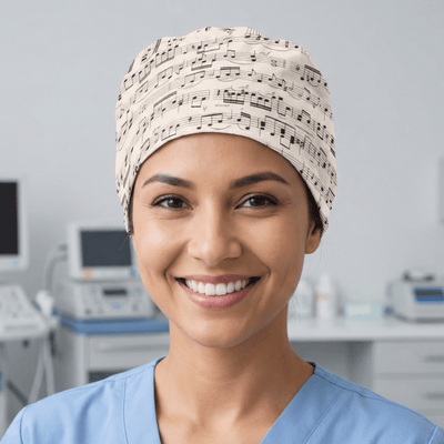 Musical notes pattern scrub cap on off white background with black notation symbols