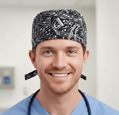 Black and white music notes pattern reusable surgical scrub cap with tie strings