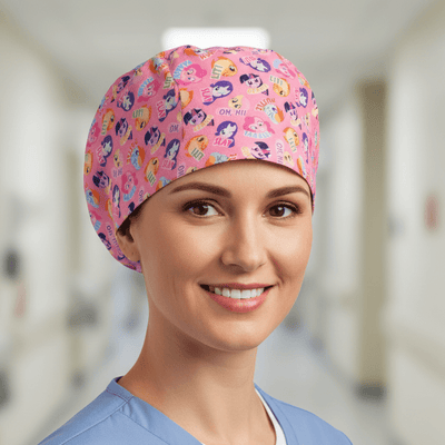Pink My Little Pony pattern scrub cap with colourful cartoon ponies design
