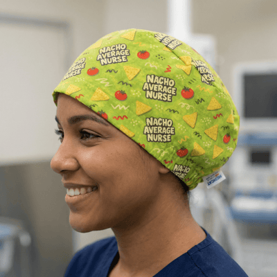 Lime green nacho pattern scrub cap with Mexican food graphics and text design