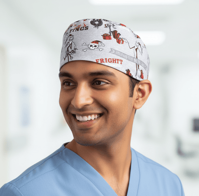 White Halloween themed scrub cap with orange text and spooky cartoon characters