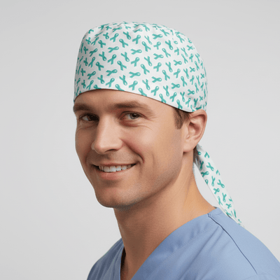 White scrub cap with small teal green leaf pattern worn by smiling medical professional