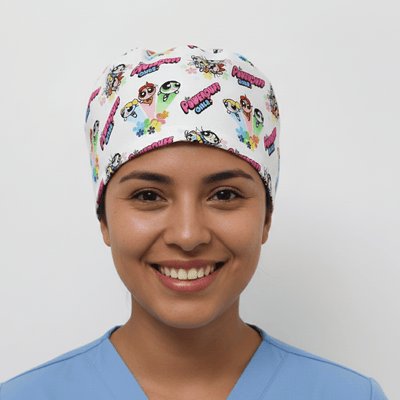 Powerpuff Girls cartoon character scrub cap with white background and colourful superhero print