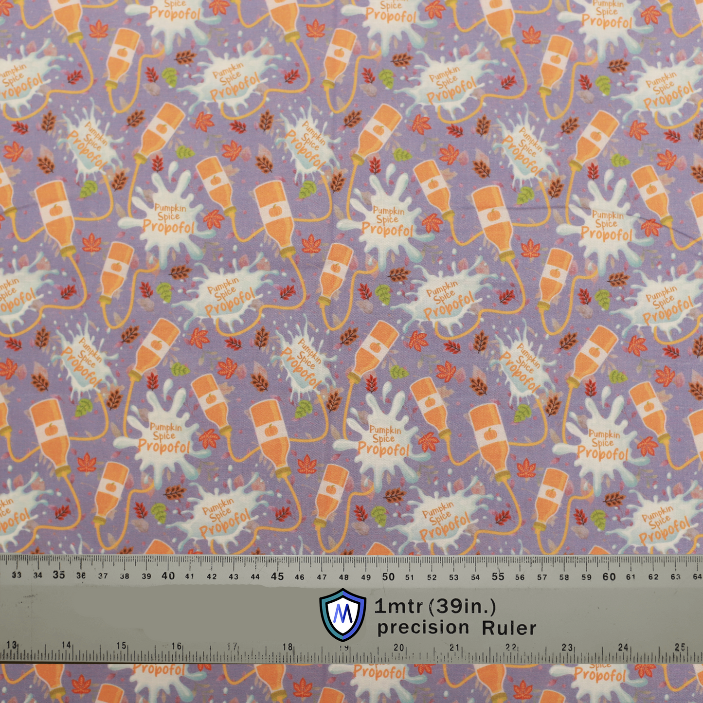 Purple Medicus Scrub Cap fabric with a "Pumpkin Spice Propofol" pattern featuring IV bags, autumn leaves, and splashes. Fun, seasonal design for medical professionals.