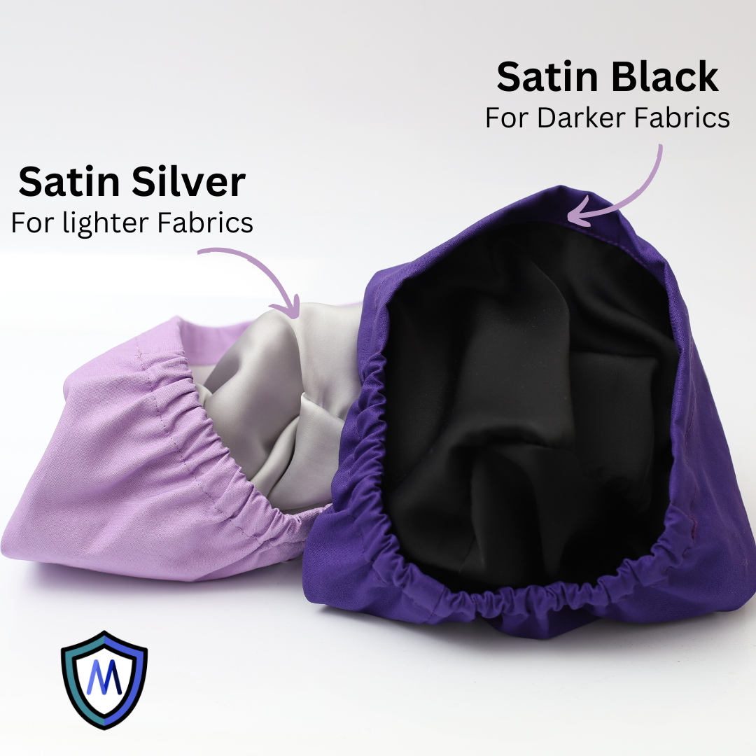 Black and Silver Satin lined caps on different fabrics