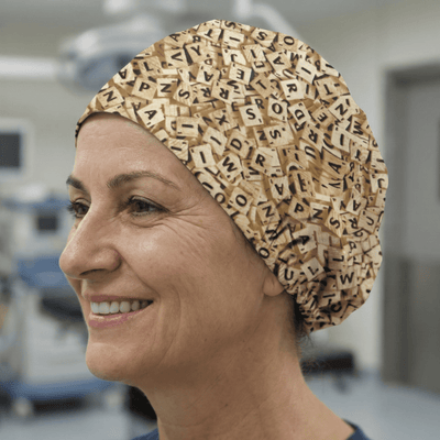 Scrabble letter tiles pattern scrub cap in cream and brown colours with elastic band